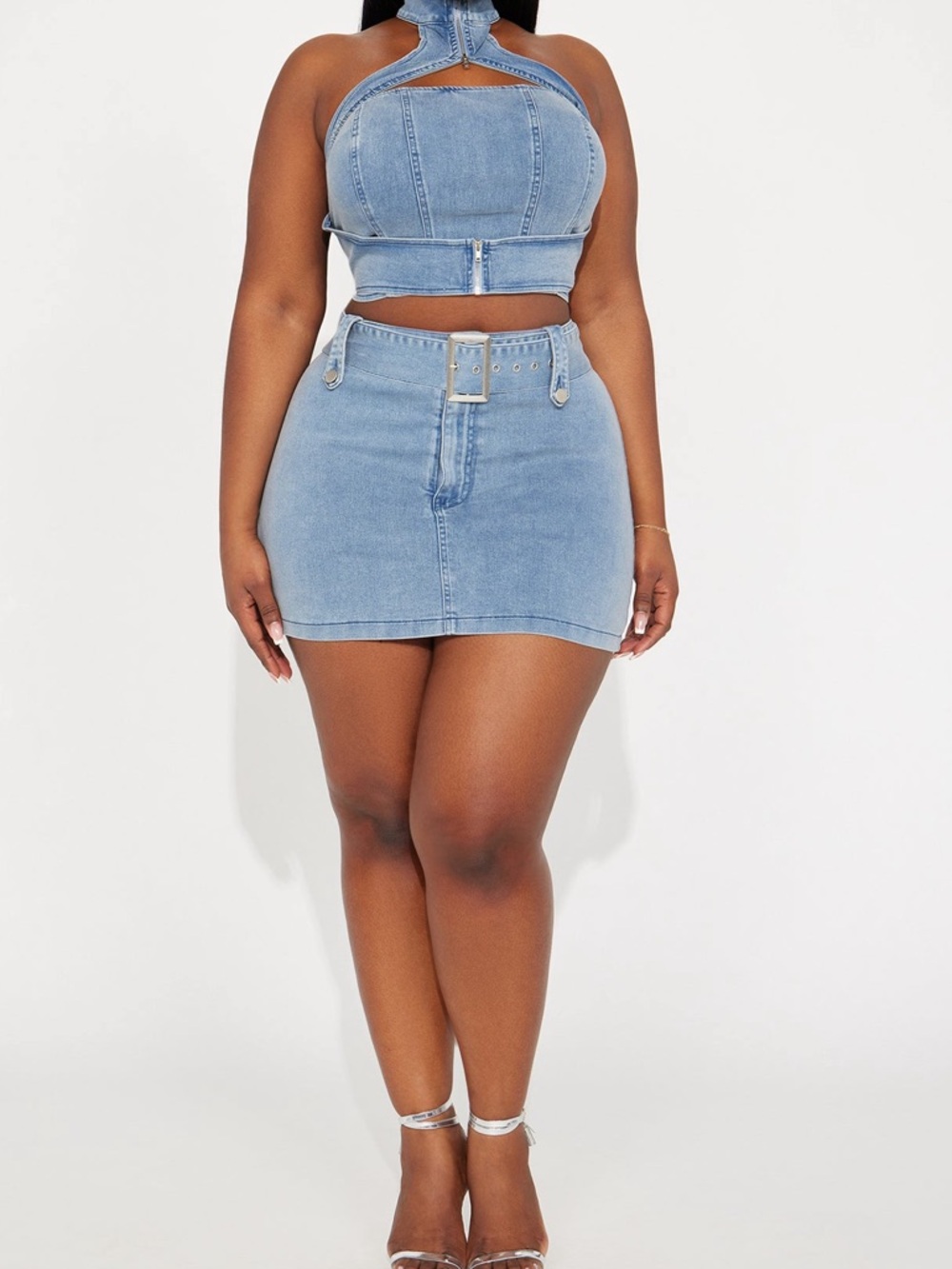 Light Wash Denim Halter Crop Top & Mini Skort Set